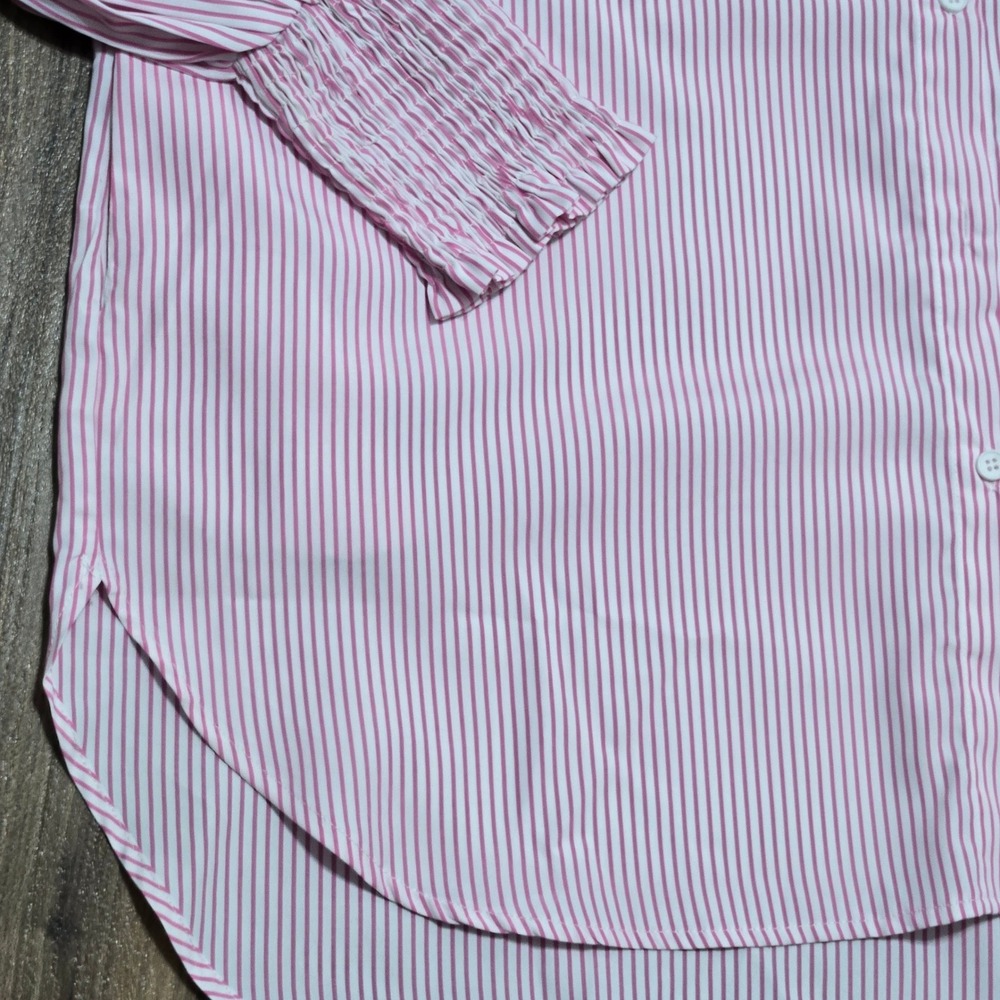 Pink White Striped Button Down Tunic Shirt Smocked Cuffs Relaxed Fit Top XL - Picture 5 of 9